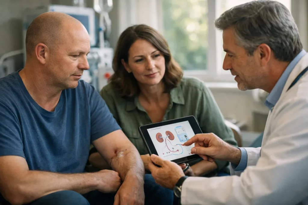 Doctor explaining dialysis treatment to patient and family using a tablet