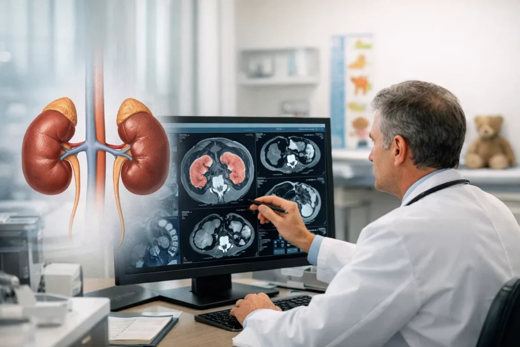 Kidney specialist consulting patients with nephrology diagram in clinic