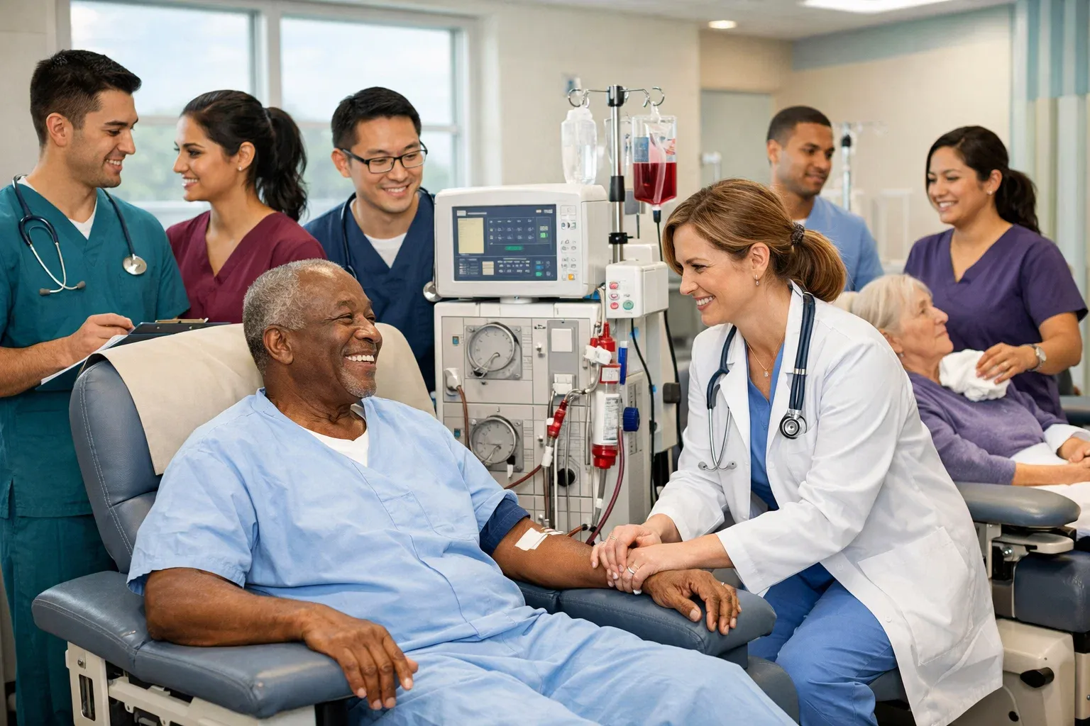 Healthcare professionals working in a dialysis clinic, representing career opportunities at Fresenius Medical Care and Associated Nephrology Consultants