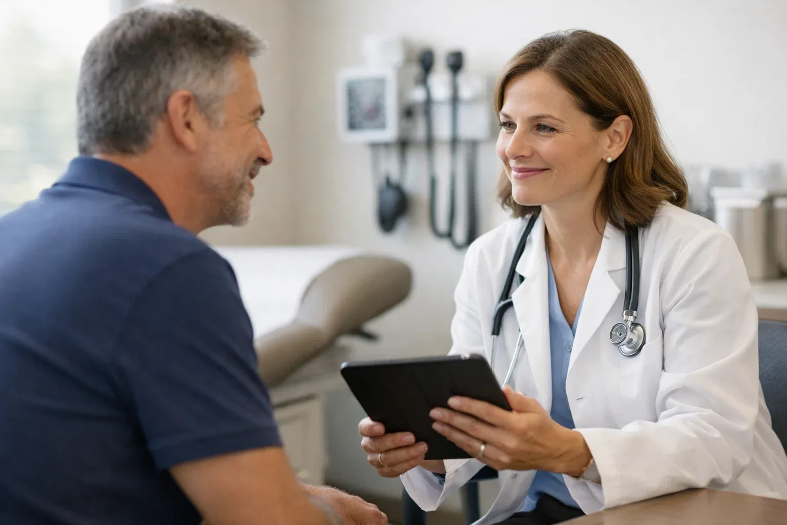 Patient speaking with a primary care doctor in a clinic