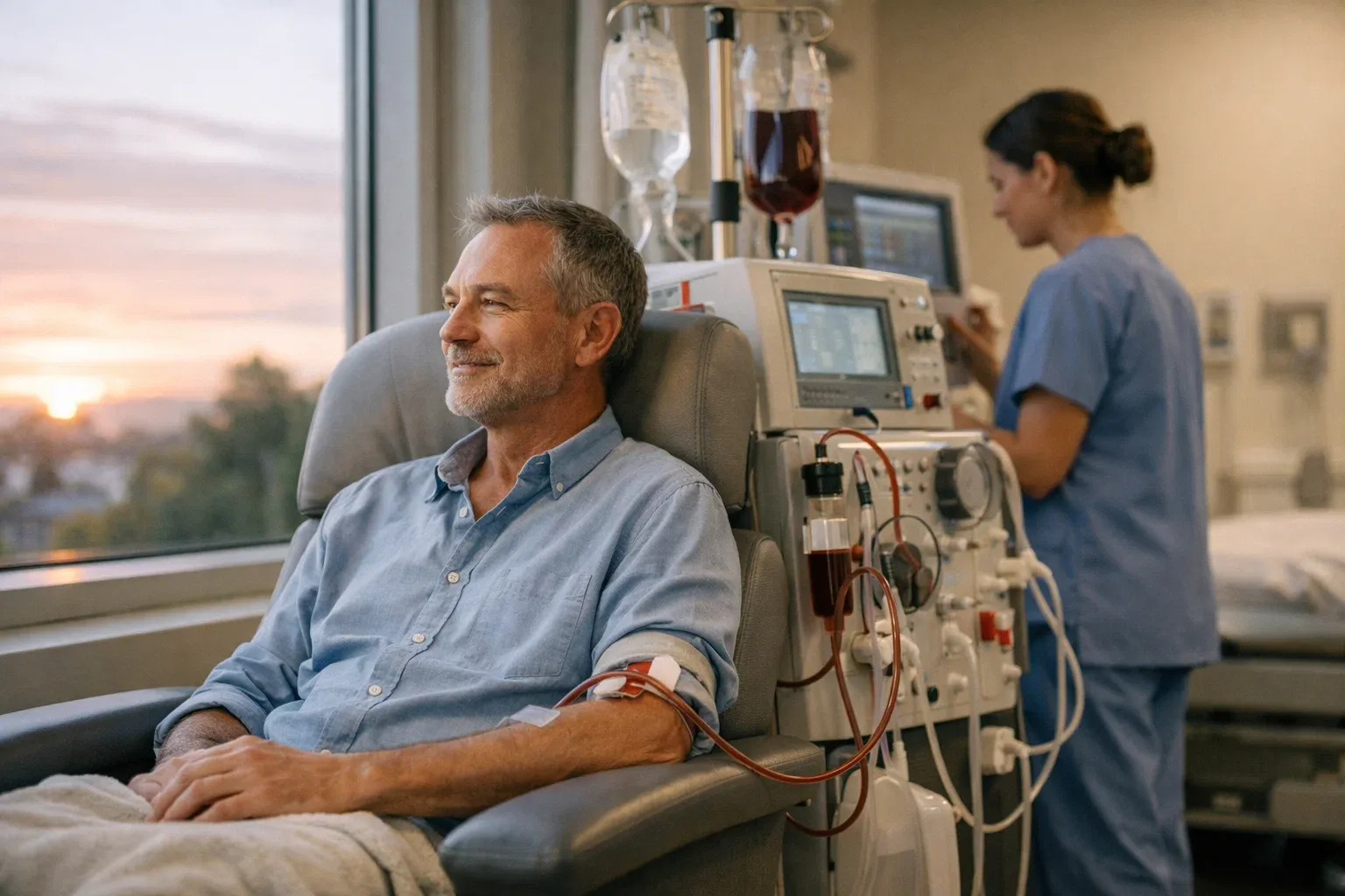 Man receiving dialysis treatment with nurse nearby
