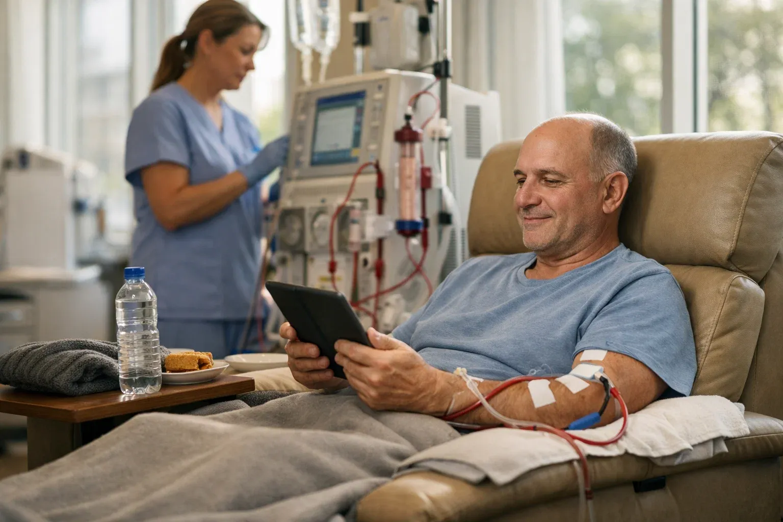 Patient receiving dialysis treatment while resting in a clinic chair