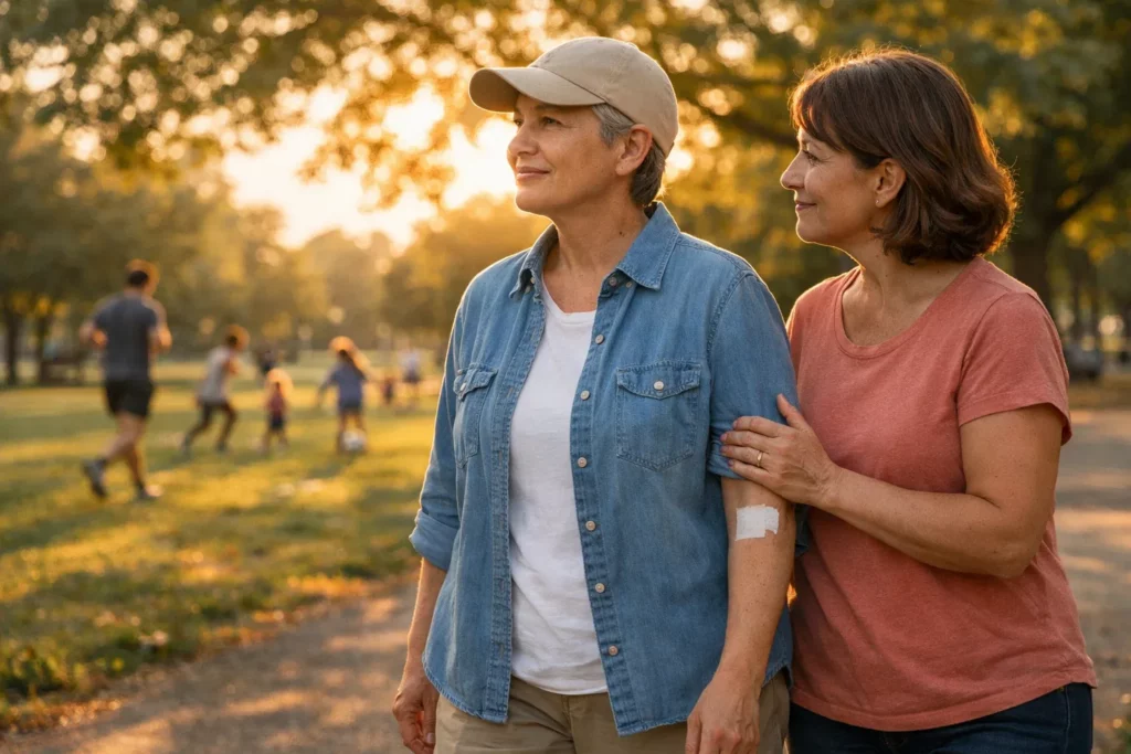 Two women enjoying time outdoors, one with a medical bandage on her arm