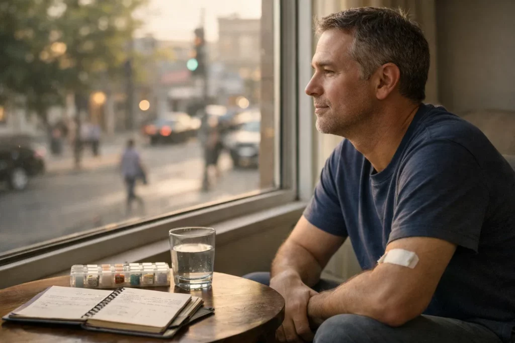 Man with dialysis bandage on arm sitting by a window with medication organizer