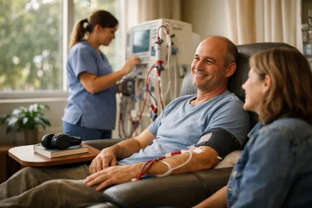 Dialysis patient talking with companion during treatment in a clinic