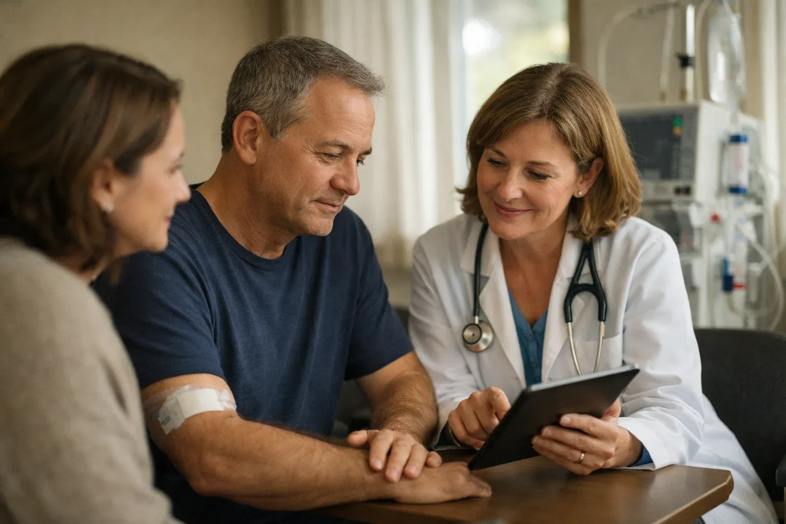 Doctor discussing dialysis treatment and life expectancy with patient and family