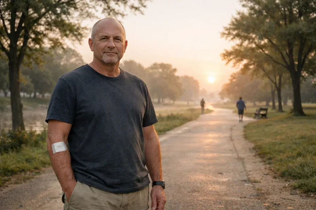 Man with dialysis bandage on arm standing outdoors at sunrise