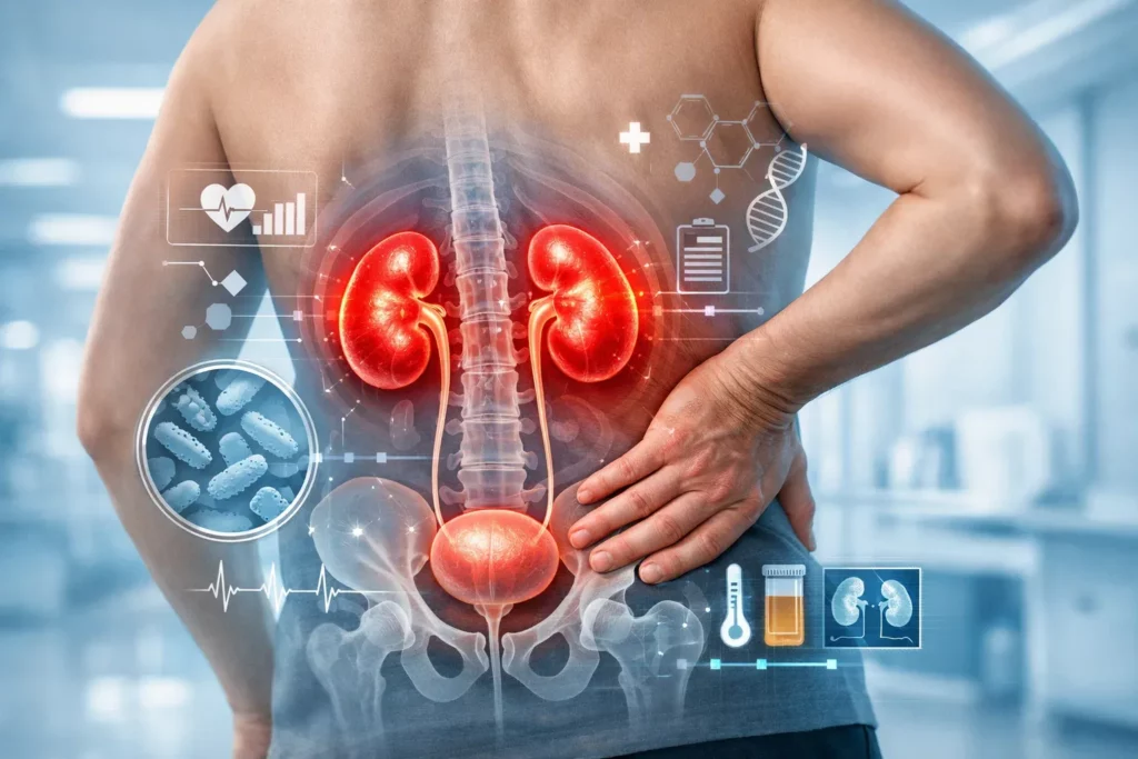 Kidney infection symptoms illustration showing inflamed kidneys and lower back pain