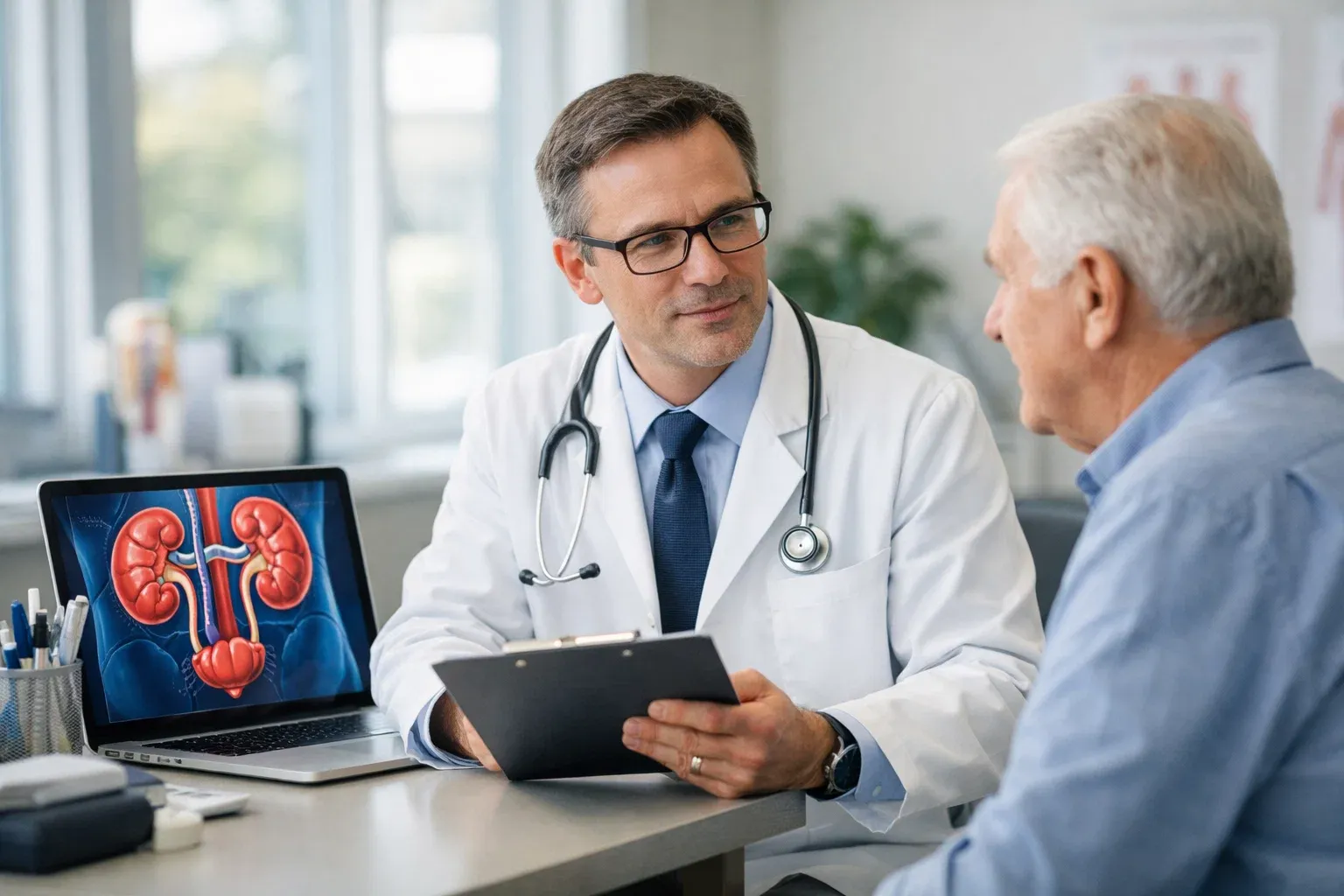 Doctor consulting a patient about kidney health using a laptop showing kidney anatomy