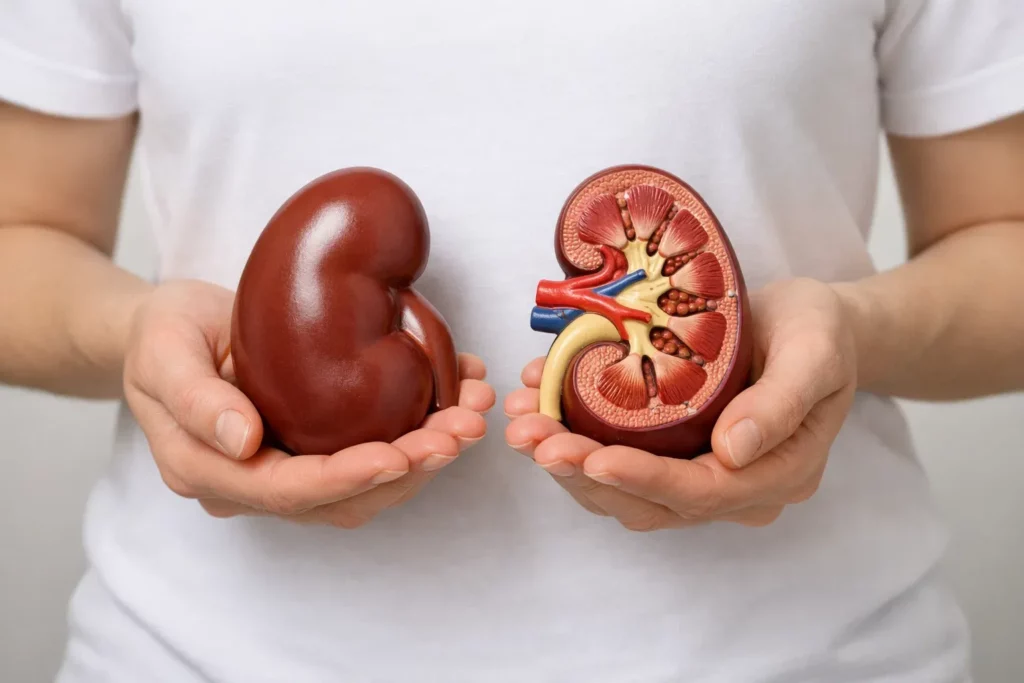 Person holding two kidney models showing kidney health and anatomy
