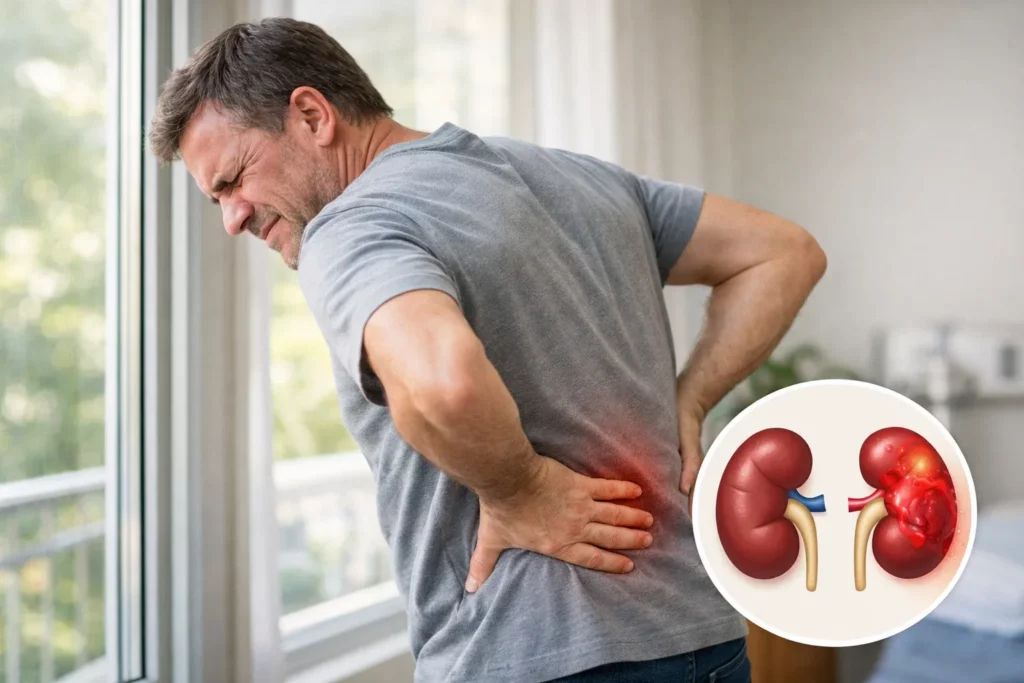 Man holding his lower back showing kidney infection pain symptoms