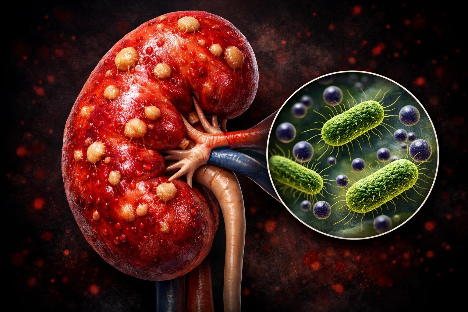 Illustration of an infected kidney with bacteria shown in magnified view