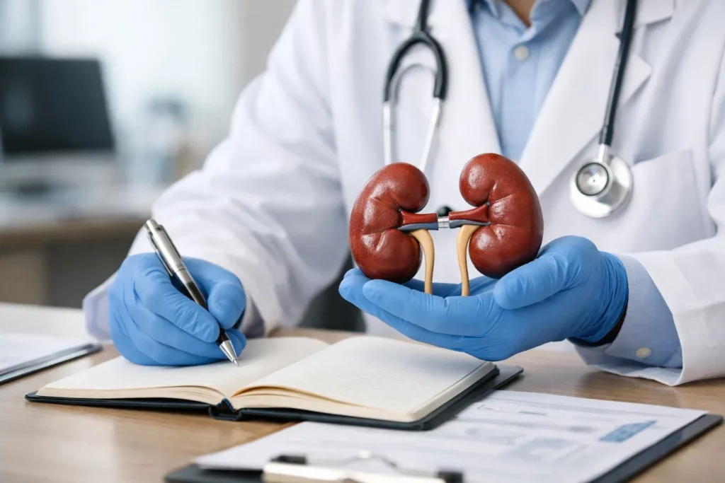 Doctor holding a kidney model during a medical consultation