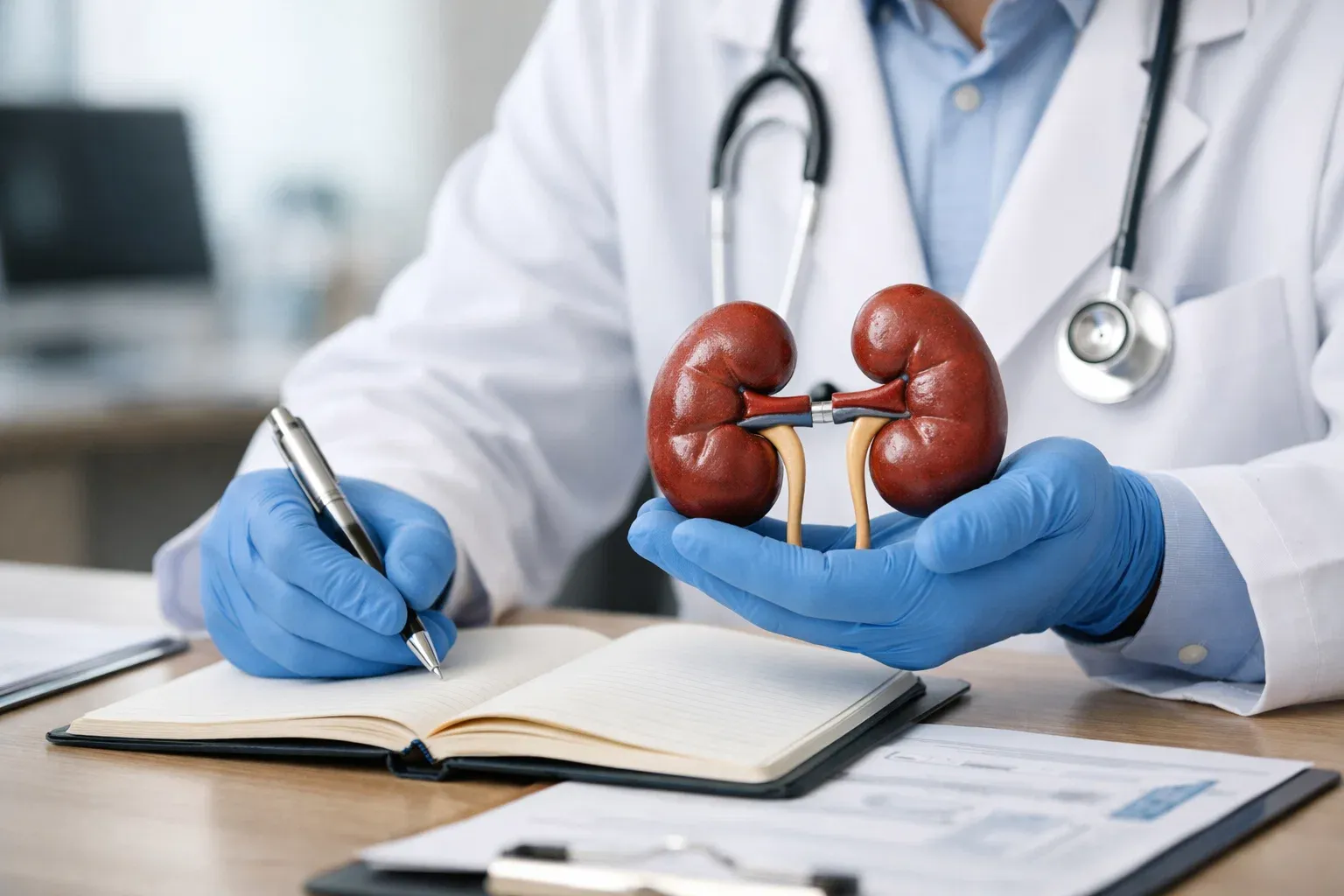Doctor holding a kidney model during a medical consultation