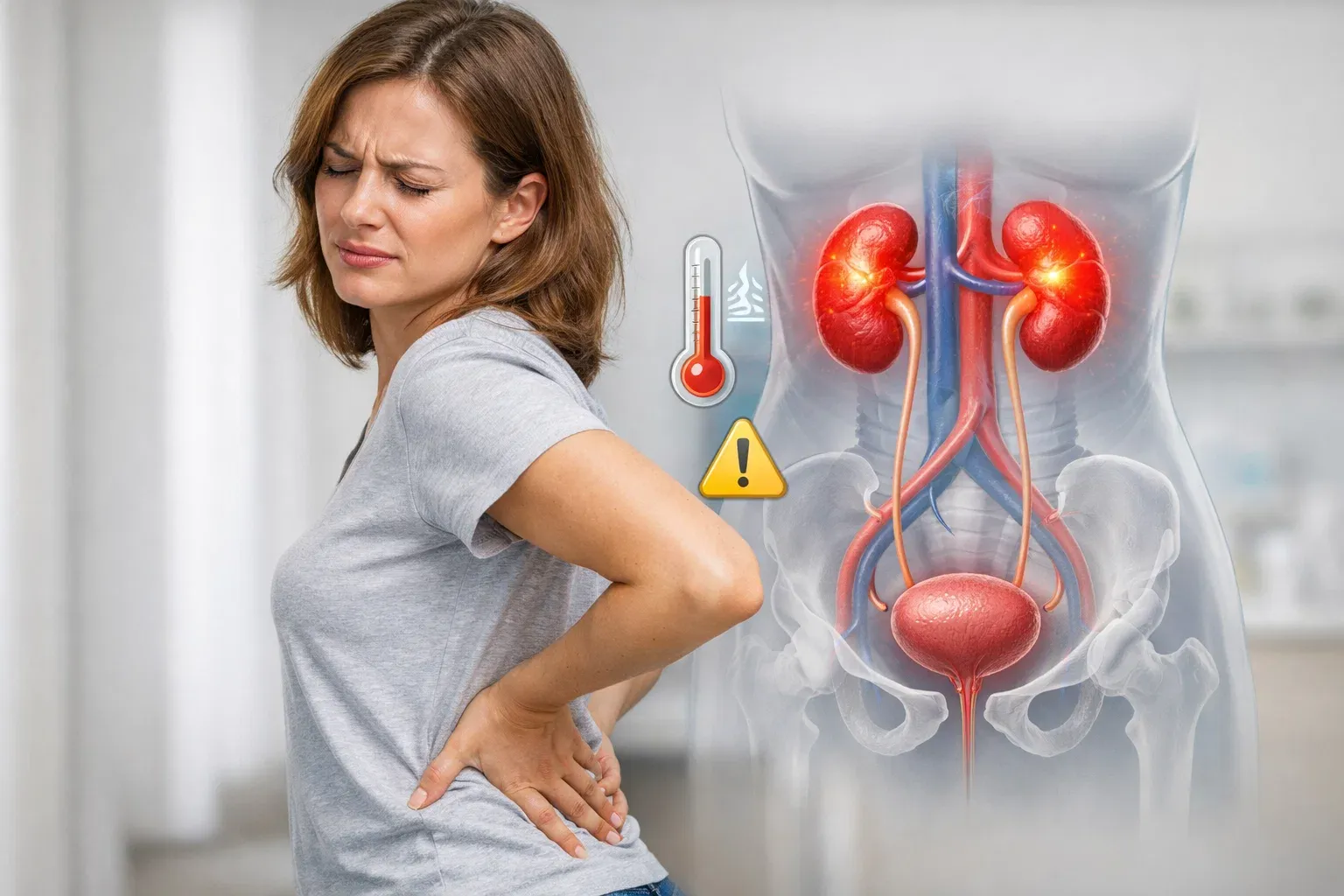 Woman experiencing kidney infection pain with urinary system illustration