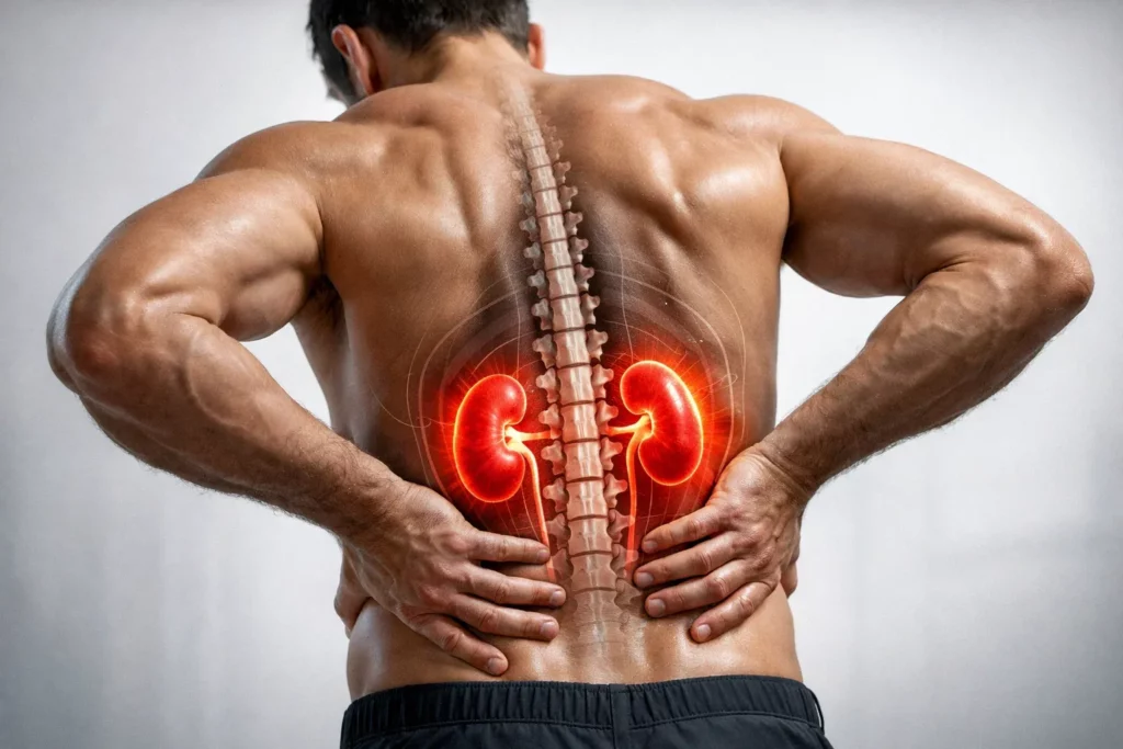 Man holding lower back with kidneys highlighted showing kidney pain