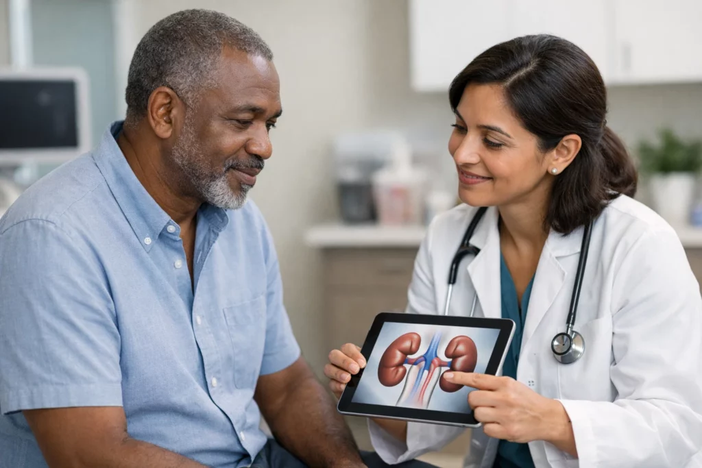 Doctor explaining kidney health to a patient during a nephrology consultation in a medical clinic