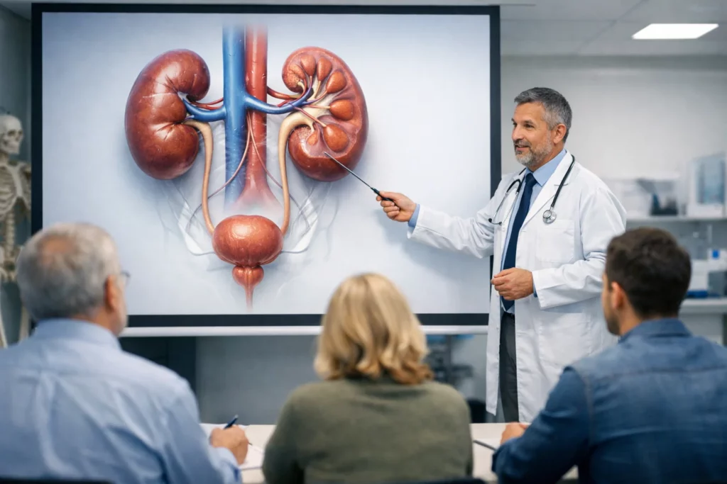 Doctor explaining kidney health using a projector during a medical presentation
