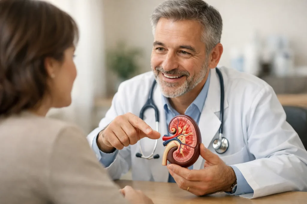 Doctor explaining kidney function in simple terms to a patient