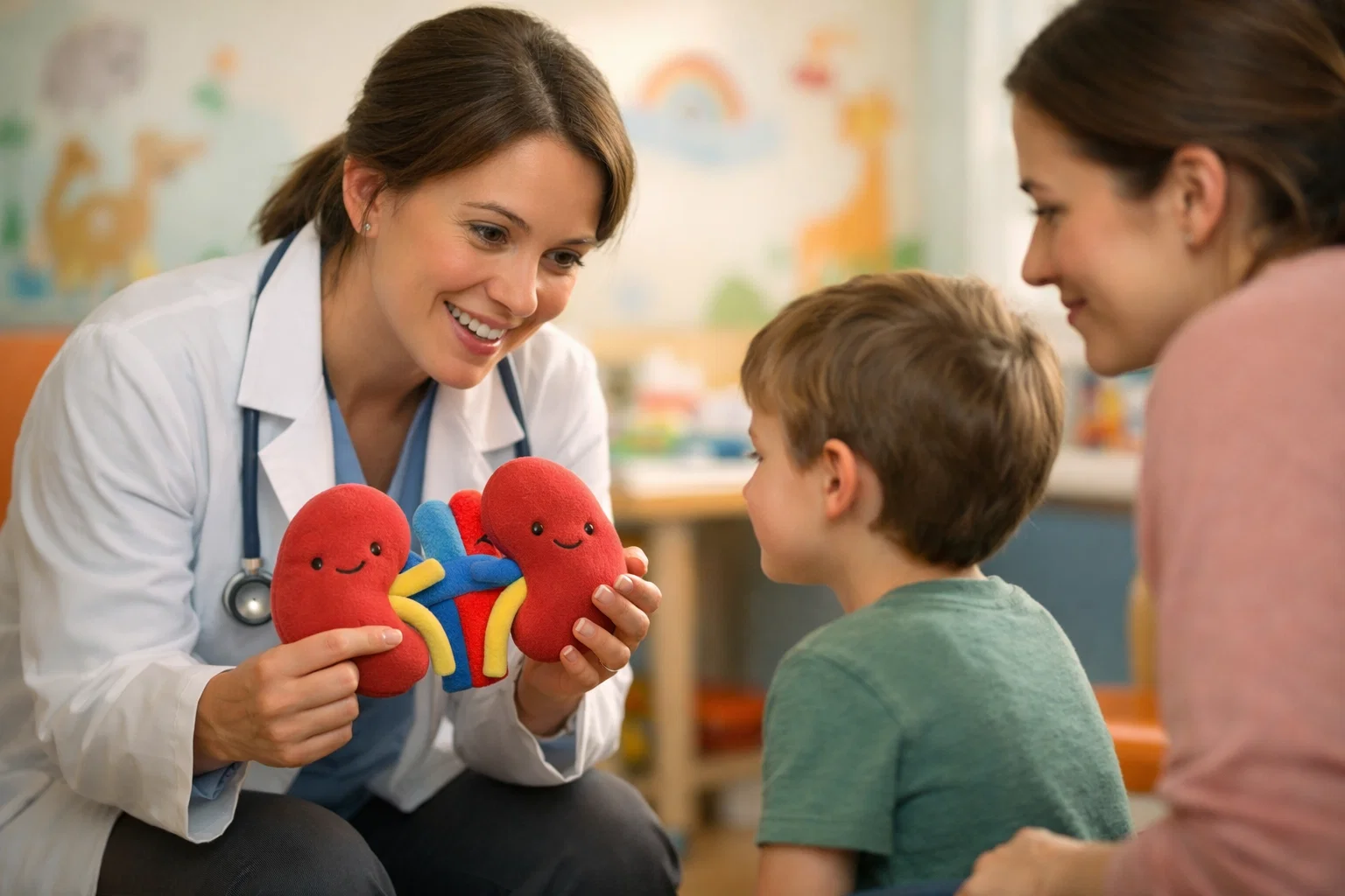 Pediatric nephrologist explaining kidney health to a child and parent