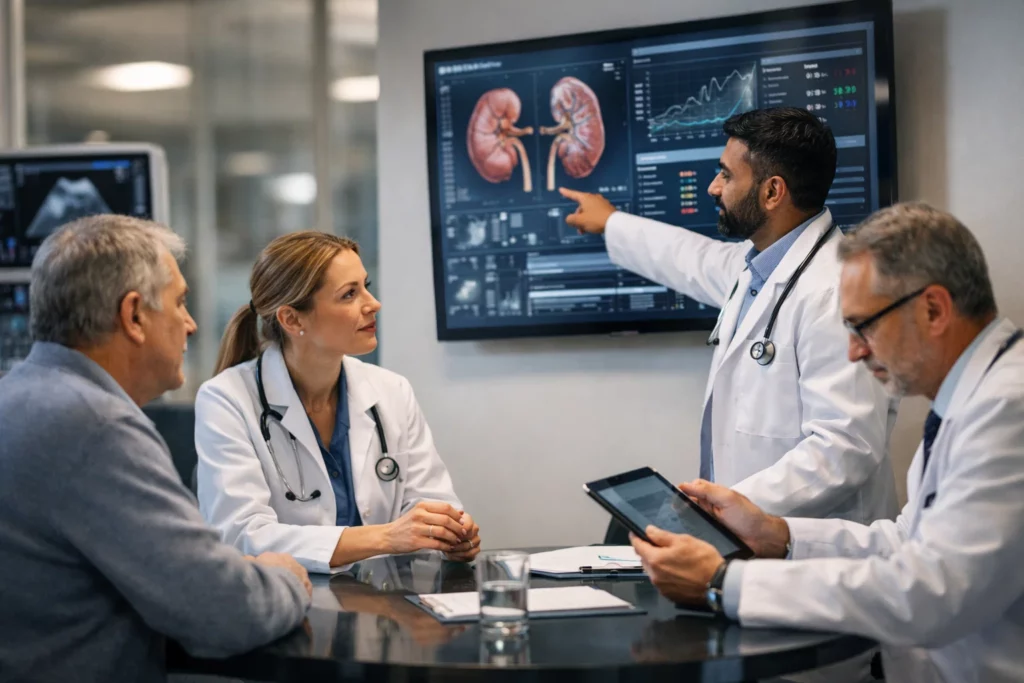 Nephrology team discussing kidney health plan with a patient