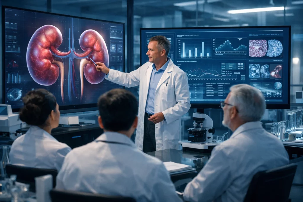 Doctors analyzing kidney research data in a modern medical lab