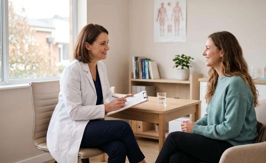 A doctor and patient discussing kidney infection symptoms during a medical consultation