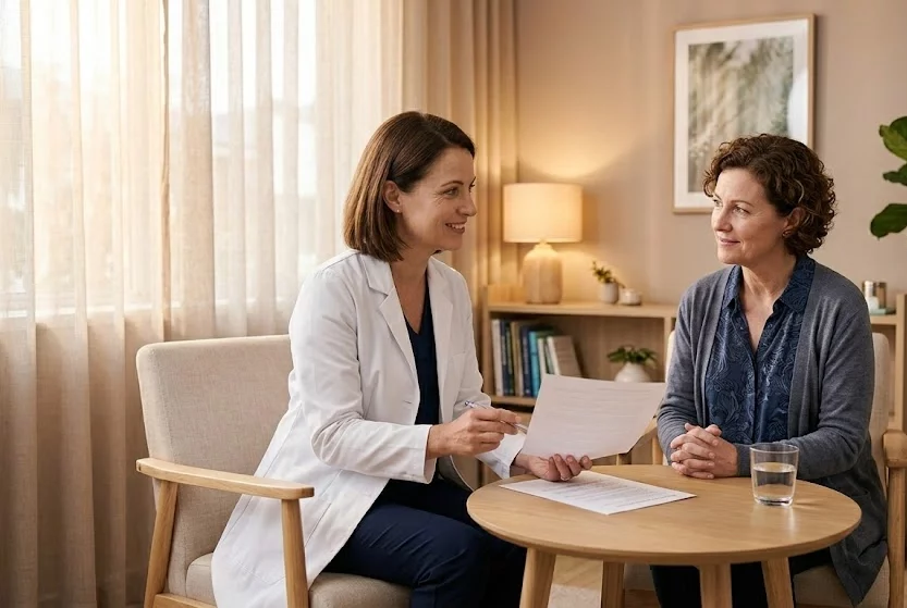 A female nephrologist discussing kidney infection symptoms with a woman patient during a private consultation