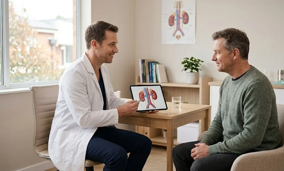 A doctor explaining the difference between kidney pain and back pain to a patient during a consultation