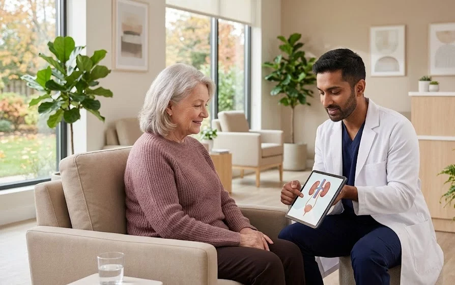 A nephrologist explaining kidney pain causes and symptoms to an elderly patient in a clinic waiting area