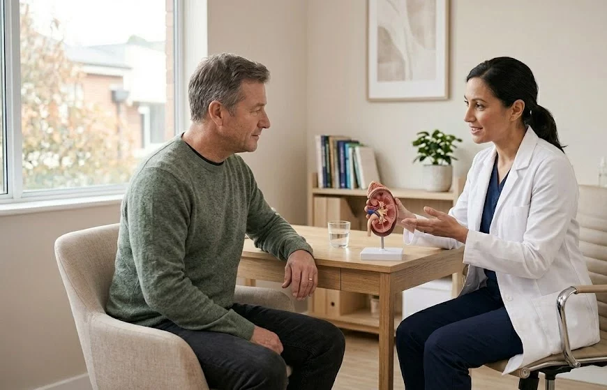 A doctor explaining kidney stone symptoms and pain to a patient during a nephrology consultation