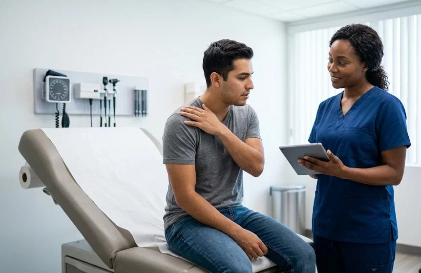 A nurse reviewing kidney infection signs and symptoms with a young patient during a medical exam