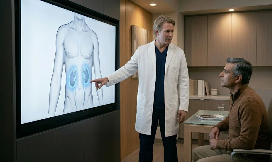 A doctor pointing to kidney pain location on an anatomical display while explaining to a patient