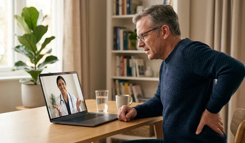 A patient describing kidney pain to a doctor during a telehealth video consultation at home