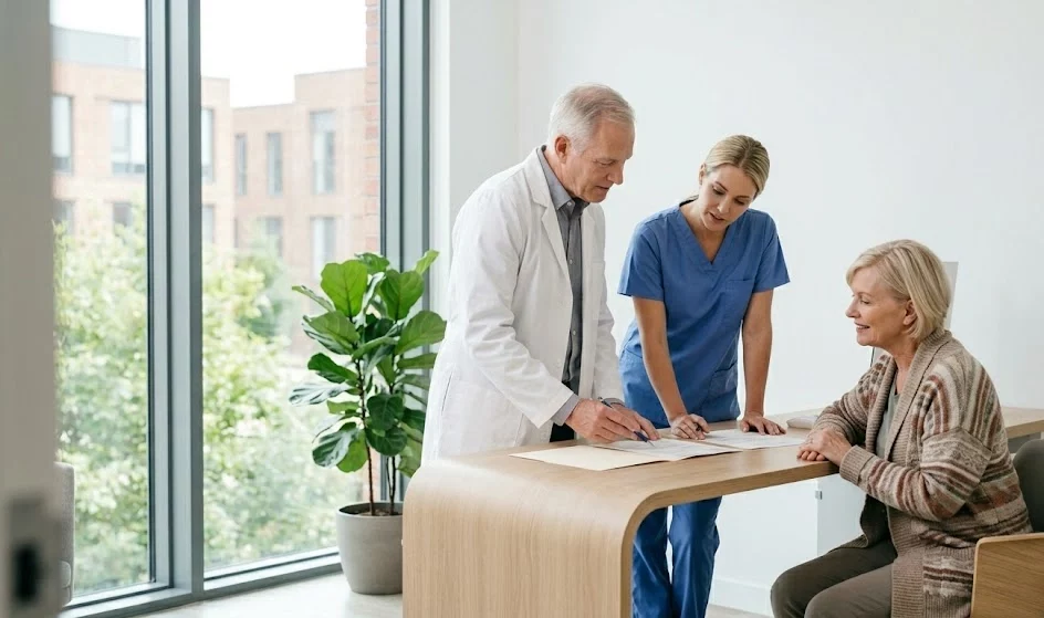 A nephrology care team discussing kidney stones versus kidney infection differences with a patient during a consultation