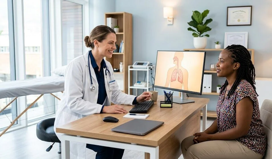 A caring doctor explaining the location of kidney pain to a patient using a computer model at ANC.