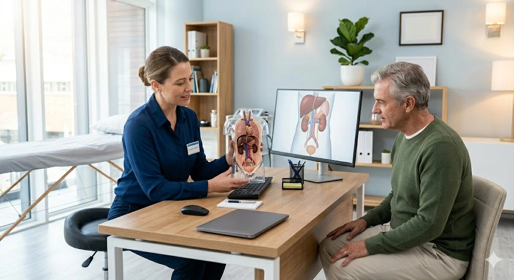A doctor using a medical model to show a patient where kidney pain is located at ANC.