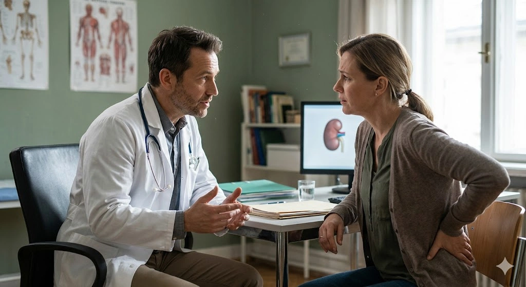 A specialist using a professional layout model to explain kidney stone symptoms to a patient at ANC.