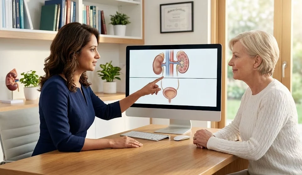A specialist discussing a wellness layout with a patient in a bright corridor at ANC.