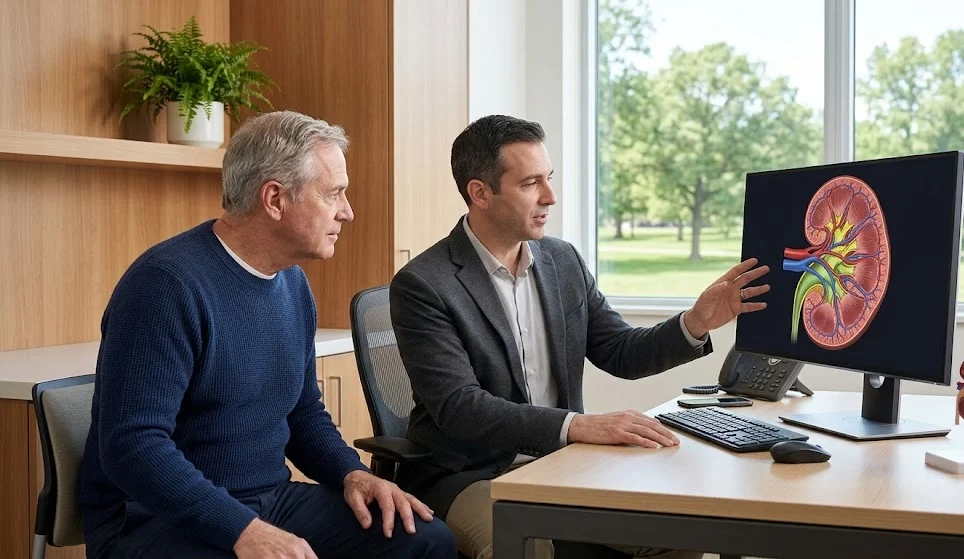 A specialist using an educational booklet to discuss treatment options and wellness timelines with a patient at ANC.