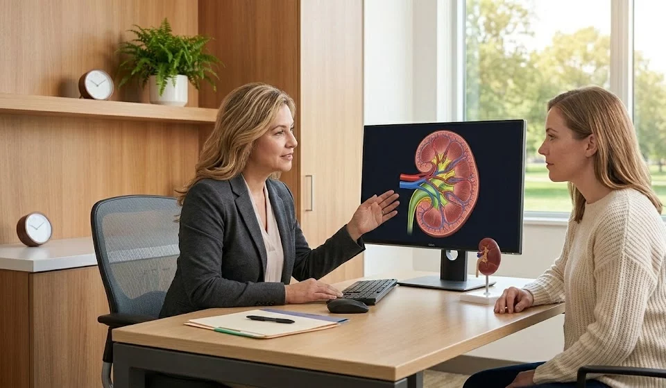 A specialist explaining kidney anatomy and filtration pathways to a female patient at ANC.