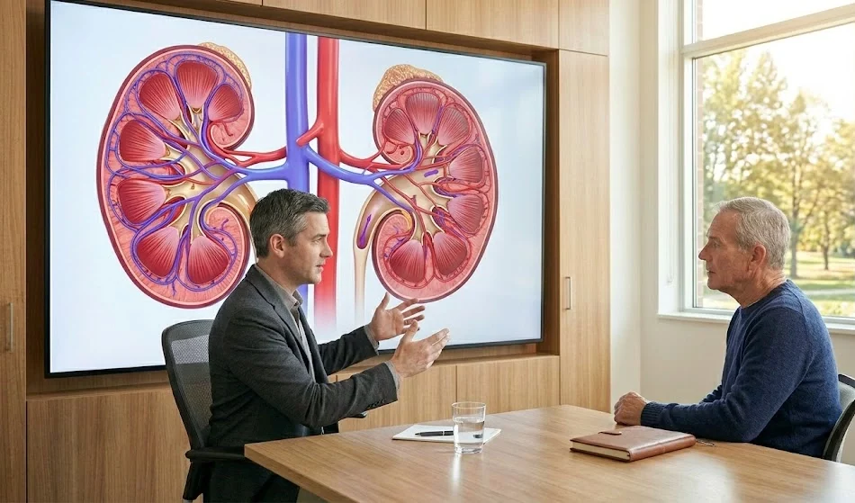 A nephrologist using an anatomical kidney model to explain filtration health to a patient at ANC.