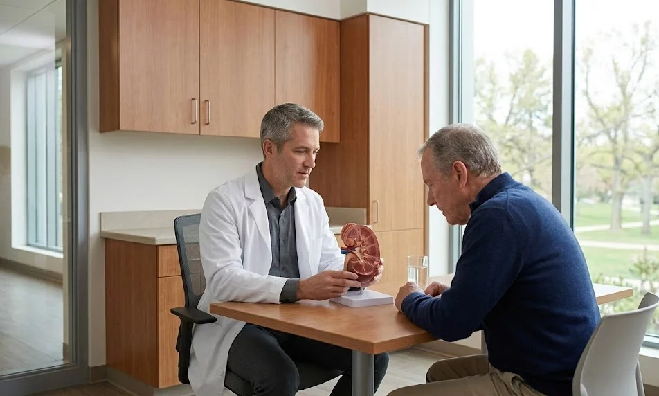 A specialist using a 3D kidney diagram on a digital display to explain back symptoms to a patient at ANC.