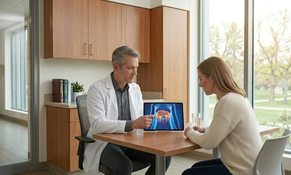 A kidney doctor using an anatomical model to show a female patient the precise location of kidney structures compared to muscles.