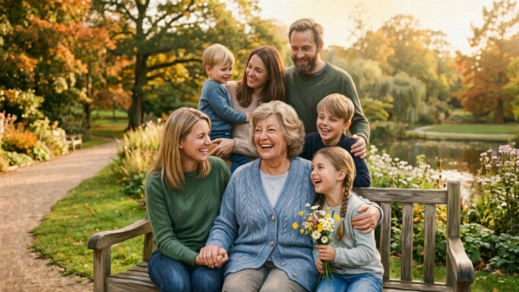A multi-generational family happily gathers and laughs around an elderly woman sitting on a wooden park bench in a beautiful, sunny autumn garden.