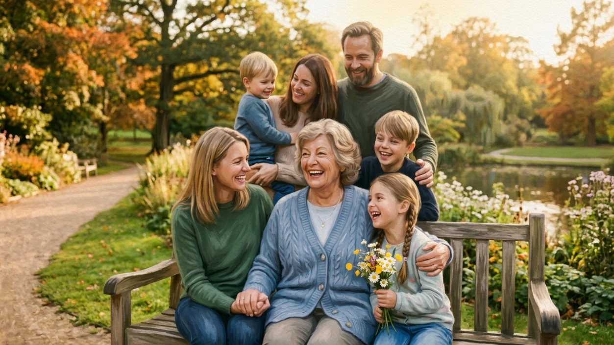 A multi-generational family happily gathers and laughs around an elderly woman sitting on a wooden park bench in a beautiful, sunny autumn garden.