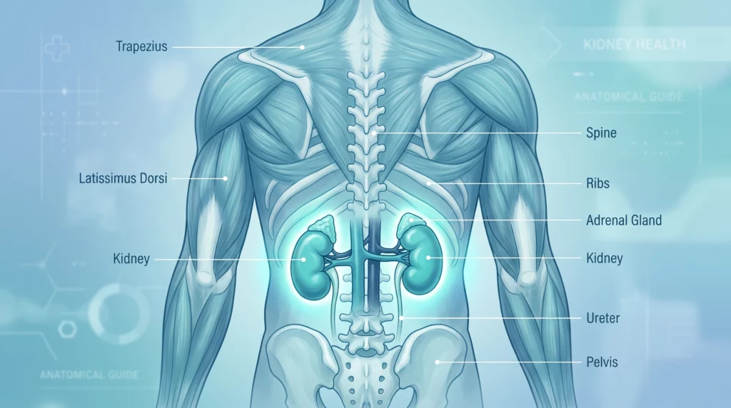 Medical illustration showing the posterior view of the human torso with highlighted glowing kidneys, lower back anatomy, spine, and major back muscles labeled.