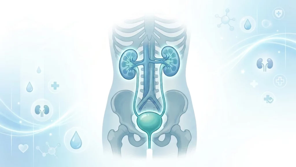 Medical illustration of the human urinary tract system showing glowing kidneys, ureters, and bladder positioned within a transparent skeletal torso over a light blue background.