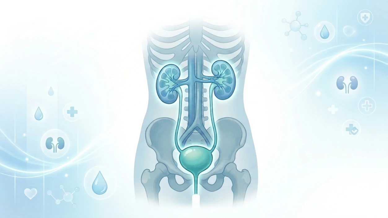 Medical illustration of the human urinary tract system showing glowing kidneys, ureters, and bladder positioned within a transparent skeletal torso over a light blue background.