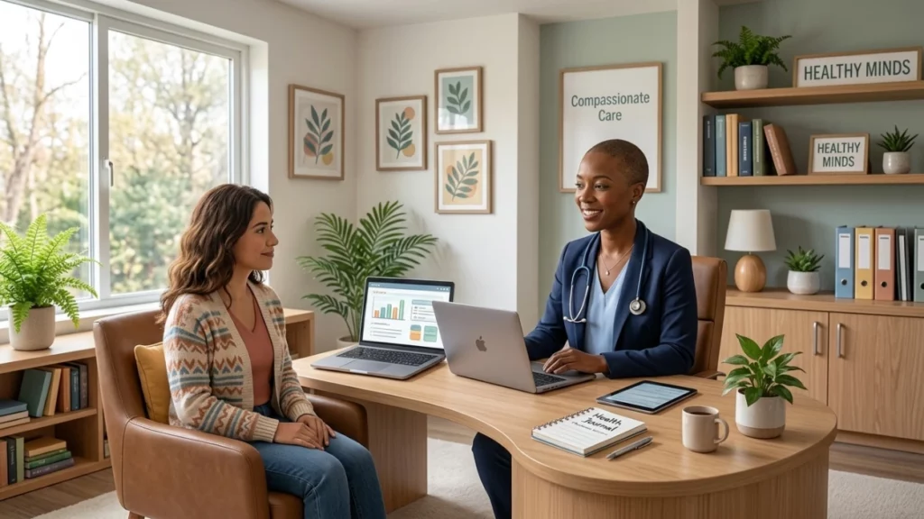 A female doctor with a stethoscope sits at a modern wooden desk, smiling and consulting with a young woman in a bright, welcoming clinic office.